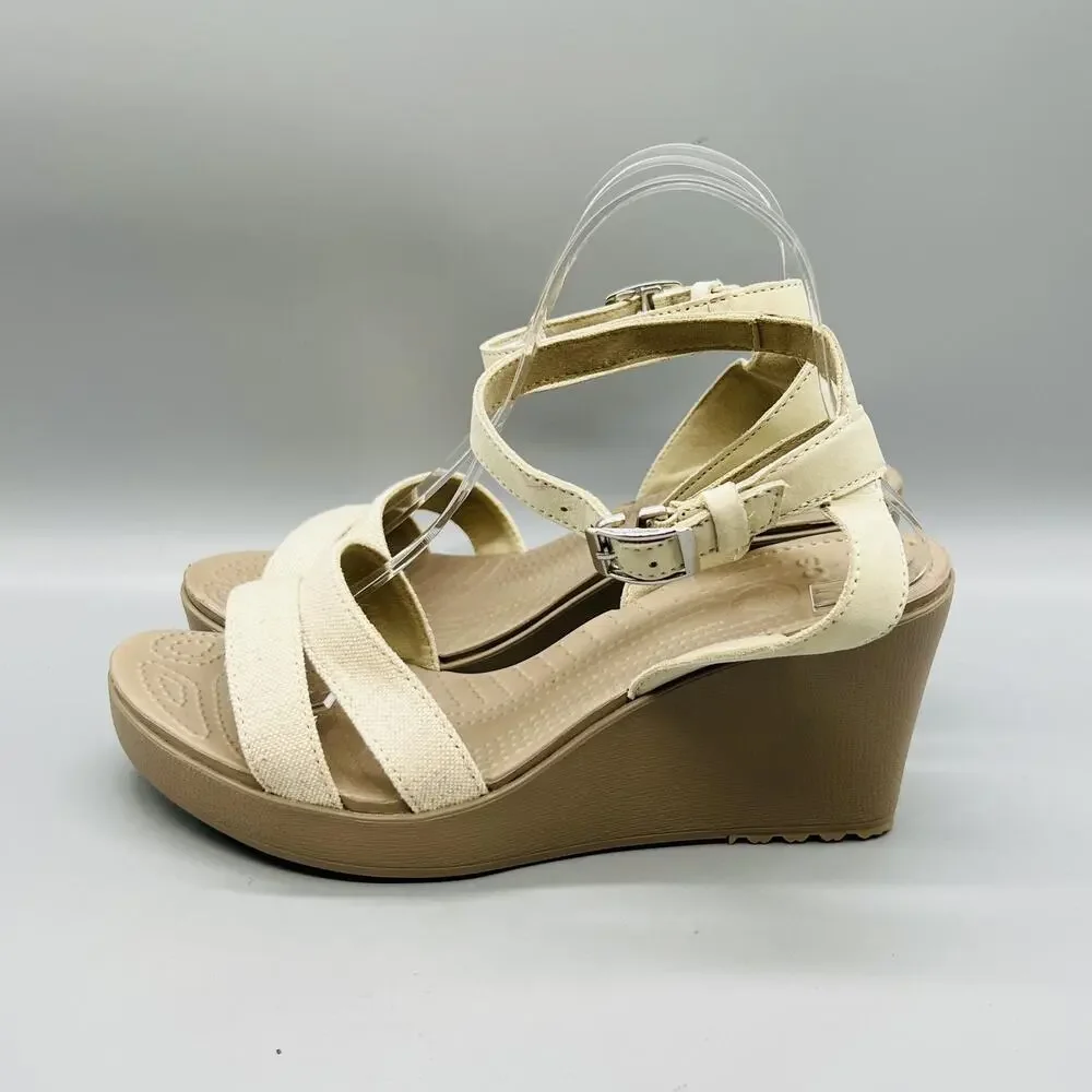 Crocs Sandals Womens 10 Beige Strappy Ankle Strap Buckle Wedge Comfort Shoes